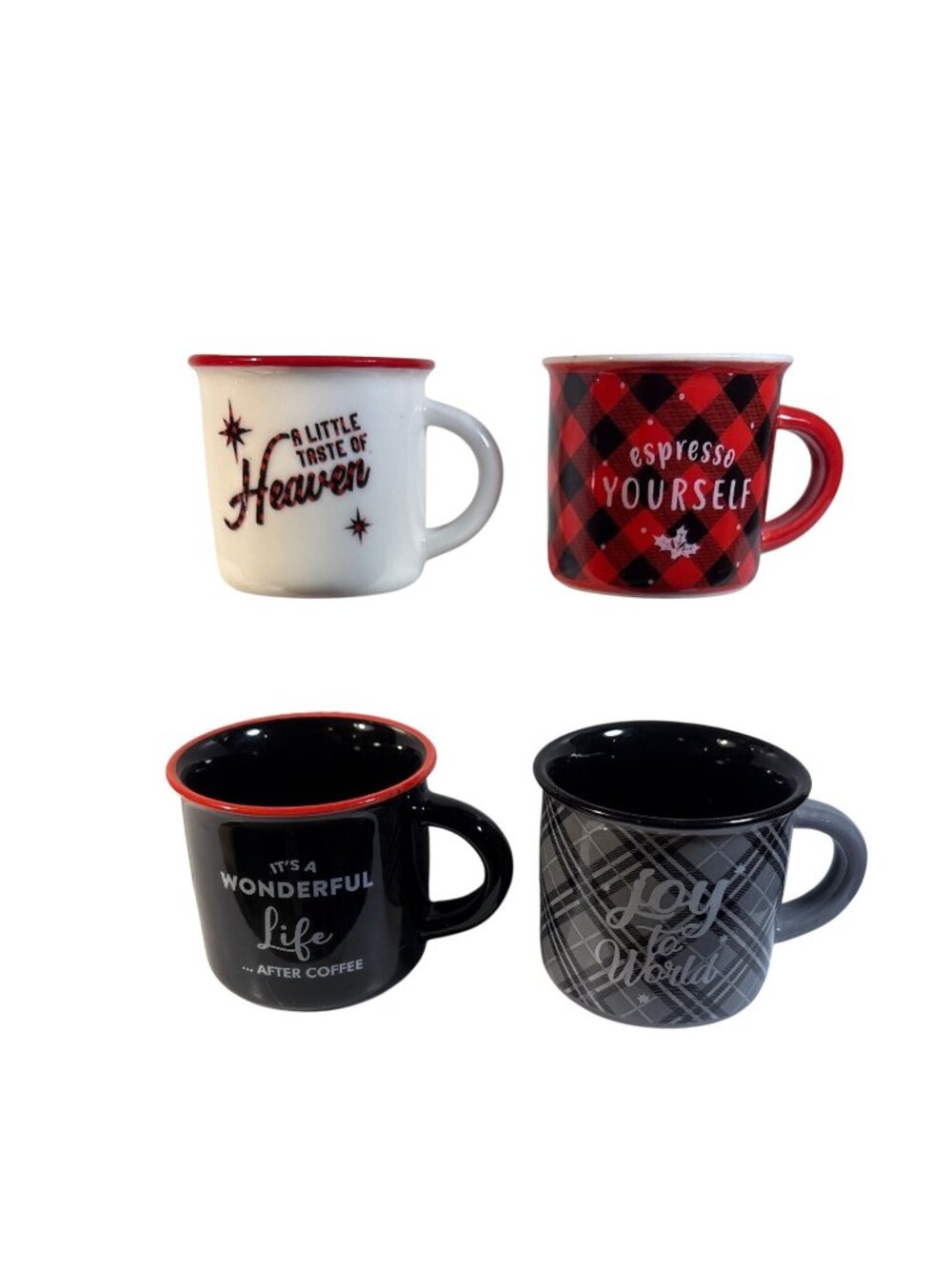 Ceramic Coffee Expresso Mugs Lot of 4 Holiday Themed Red Black White Plaids Star